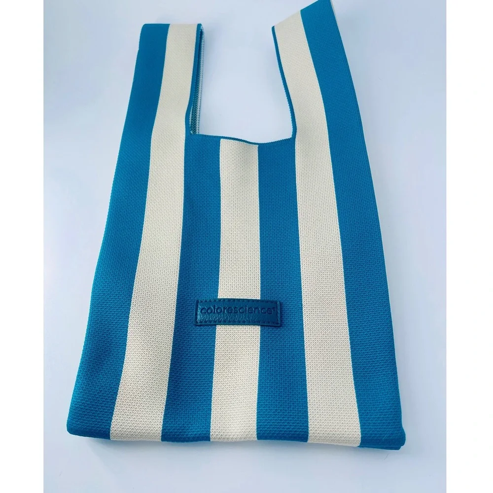 Colorescience Blue White Striped Knit Tote Bag Reusable Lunch Grocery Beach